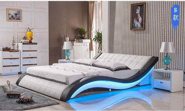 Post Modern Real Genuine Leather Bed Soft Double King Post Modern Real Genuine Leather Bed Soft Double King Queen Size Bedroom With Sound System For Iphone Ipad Led Light
