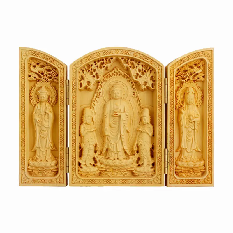 Складная шкатулка с тремя гранями Bouddha деревянная резьба маленькие статуи Будды