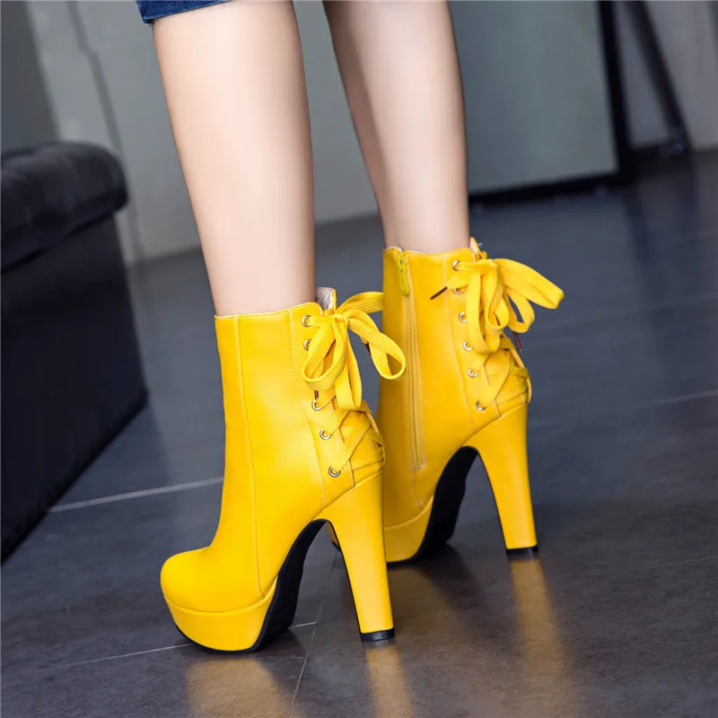 

YMECHIC 2018 Autumn Yellow Ultra High Heels Platform Fashion Boots Female Cross Strap Lady Party Wedding Shoes Woman Ankle Boot