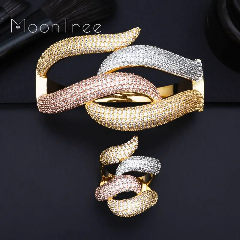 

ModemAngel Hot Charm Elegant Wave Micro AAA Cubic Zirconia 3 Tone Copper Bangle And Ring For Women Wedding High Quality Gift