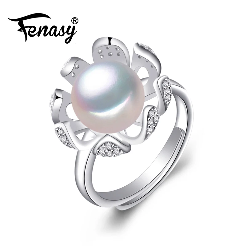 

FENASY Fine Pearl Jewelry, Natural Freshwater white beads Pearl rings for women,bohemian 925 Sterling Silver ring with Gift box