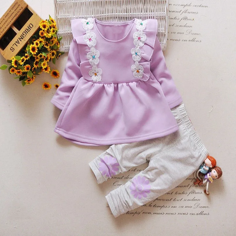 Conjunto roupas de bebe/осенние костюмы из 2 предметов для девочек кружевные штаны+ футболка с длинными рукавами и круглым вырезом с цветочным принтом вечерние комплекты для маленьких принцесс - Цвет: Фиолетовый