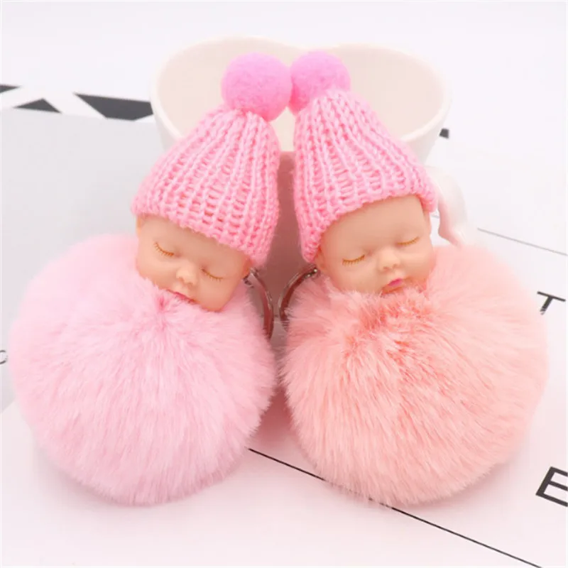 

1Pcs Cute Fluffy Sleeping Baby Keychain Pompom Rabbit Fur Ball Key Chain Car Keyring Women Key Holder Bag Pendant Charm Jewelery