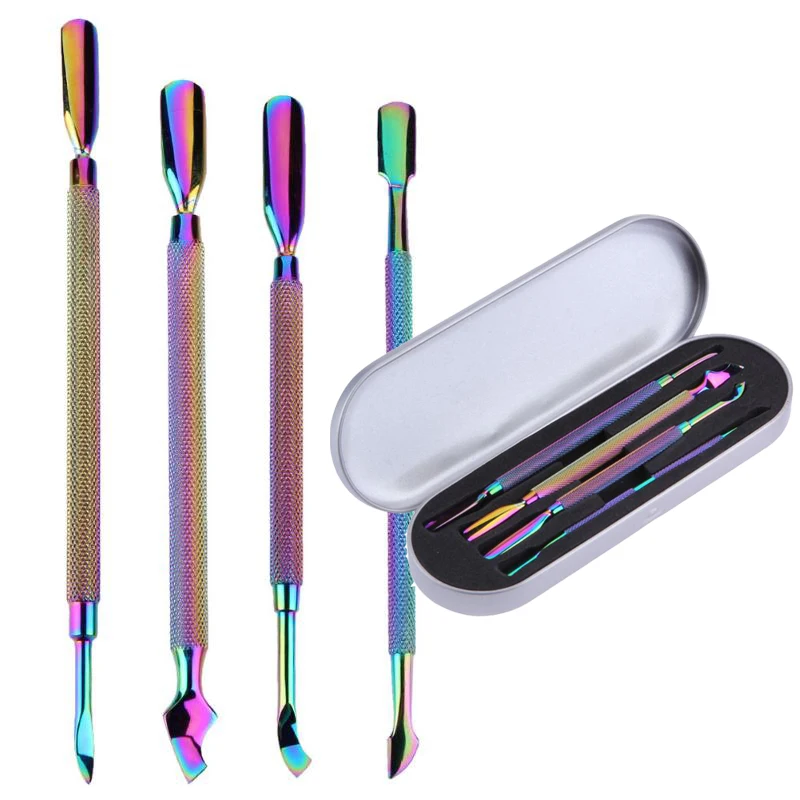 4Pcs/set Nail Pusher remove cuticle Tool Kit Rainbow Dual ended