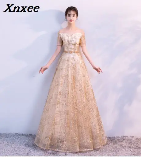 Xnxee/платье русалки с коротким рукавом, с аппликацией, золотое, кружевное, с коротким шлейфом, торжественное платье для женщин Xnxee - Цвет: Золотой