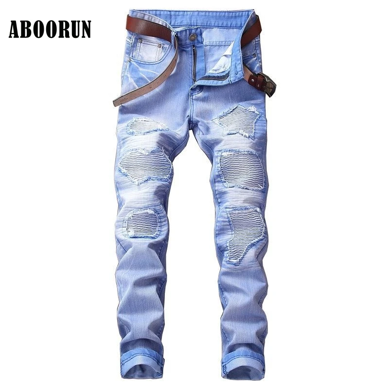

ABOORUN Fashion Mens Biker Motor Jeans Blue Distressed Pleated Hole Jeans Multi Colors YC1074