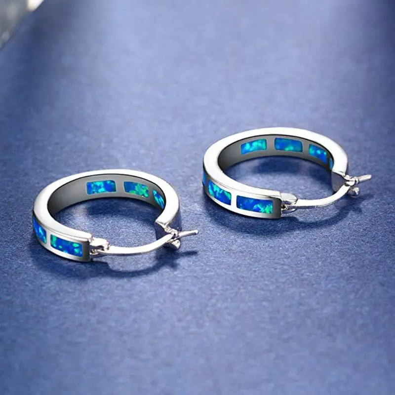 925 посеребренные серьги с голубым опалом Huggie Hoop гипоаллергенныые серьги для женщин