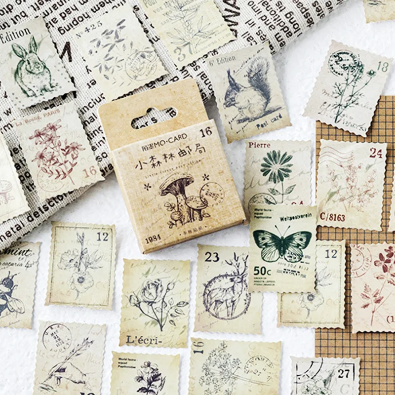 

46Pcs/box Vintage Forest Animal/plant Stamp Sticker Scrapbooking Creative DIY Journal Decorative Adhesive Sticker Label Supplies