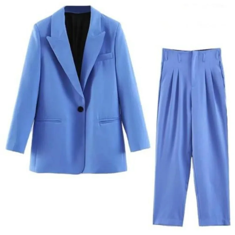 

2019 Women Blue Casual Suit Set Single Button Blazer Jacket High Waist Pagerbag Pants Suit Office Lady Formal Two Piece Set