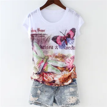 

Fashion hot drilling butterfly floral double print thin t shirt women 2020 summer new arrival o-neck short sleeve tops M-4XL