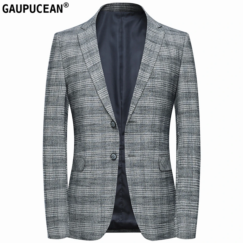 

Easy Care Anti-shrink Slim Man Suit Jacket Quality Fashion Male Formal Business Spring Single Breasted Plaid Grey Men Blazer