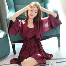 Элегантное Шелковое Белье комплект с халатиком для женщин Одноцветный халат и спагетти ремень ночнушки платье полный рукав нижнее белье