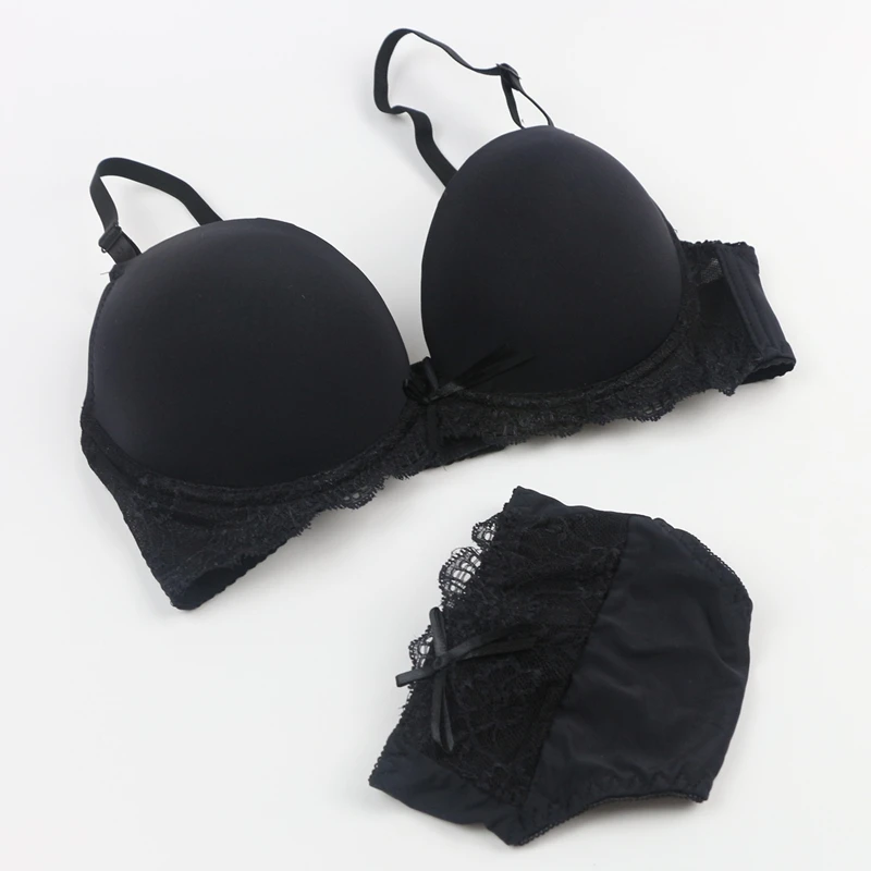 New Sexy Bra Set 3/4 Cup Push UP Cotton Polyester Bras Sets Solid Bow Decorative Underwear Lace Womens White Black Lingerie bra and thong set