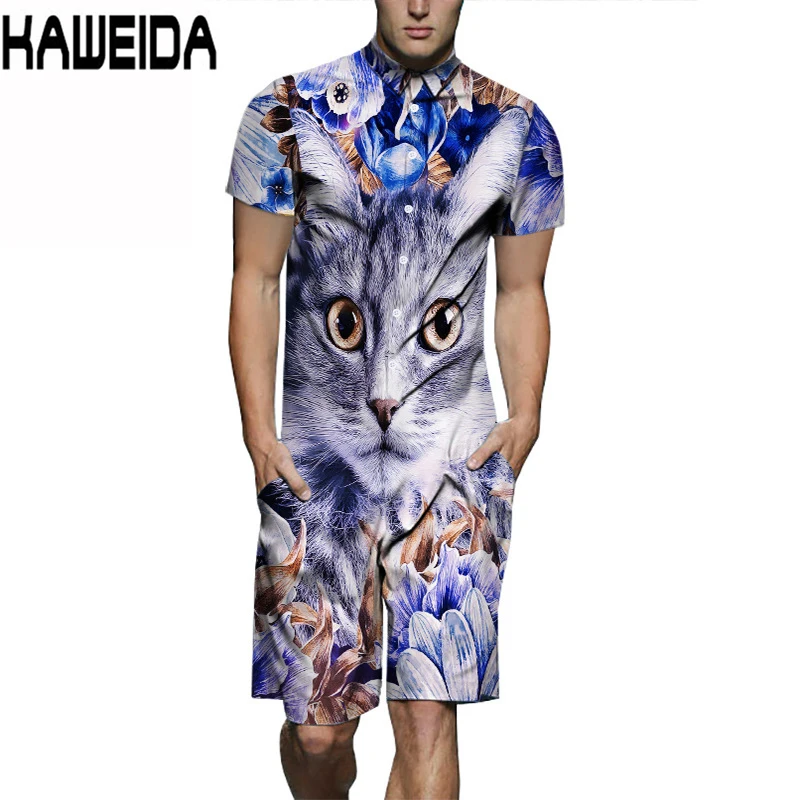 Plus Size Summer 2019 Men Set Button Rompers Jumpsuit Fashion Sumple Funny Streetwear Vintage Casual Summer Men Set Dropship