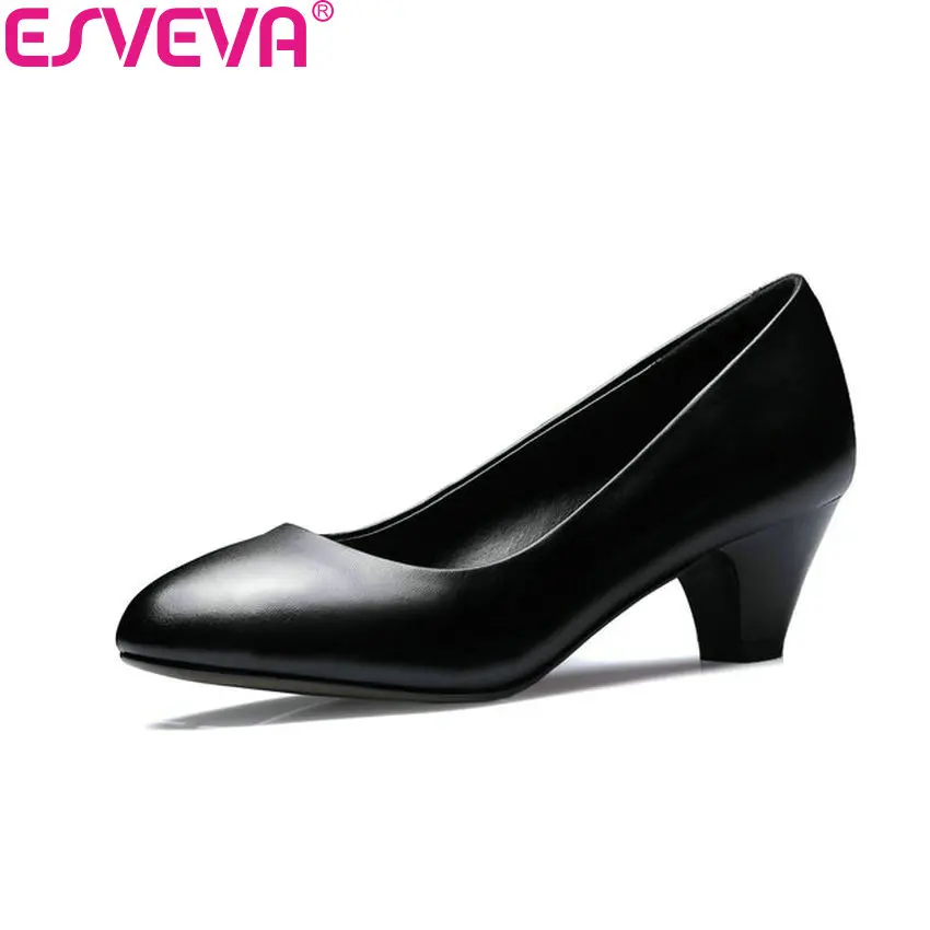 

ESVEVA 2018 Women Pumps Round Toe High Heel Spring and Autumn PU+Cow Leather Office Ladies Shoes Slip on Work Shoes Size 34-42