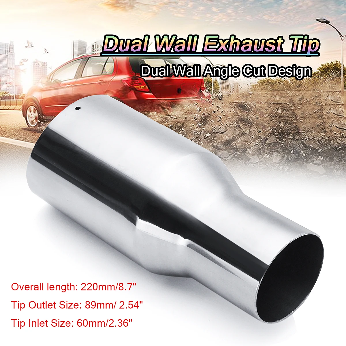 

Universal 2.5 Inlet 3.5 Outlet Car Exhaust Pipe Muffler Tip Dual Wall Angle Cut Tail Pipe Double Outlet Nozzle