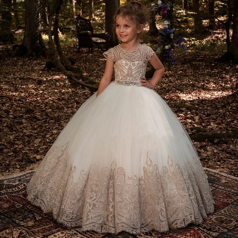 

2019 New Flower Girl Dresses Lace Appliques Ball Gown Pageant Dresses For Girls High Quality First Communion Dresses Custom Made