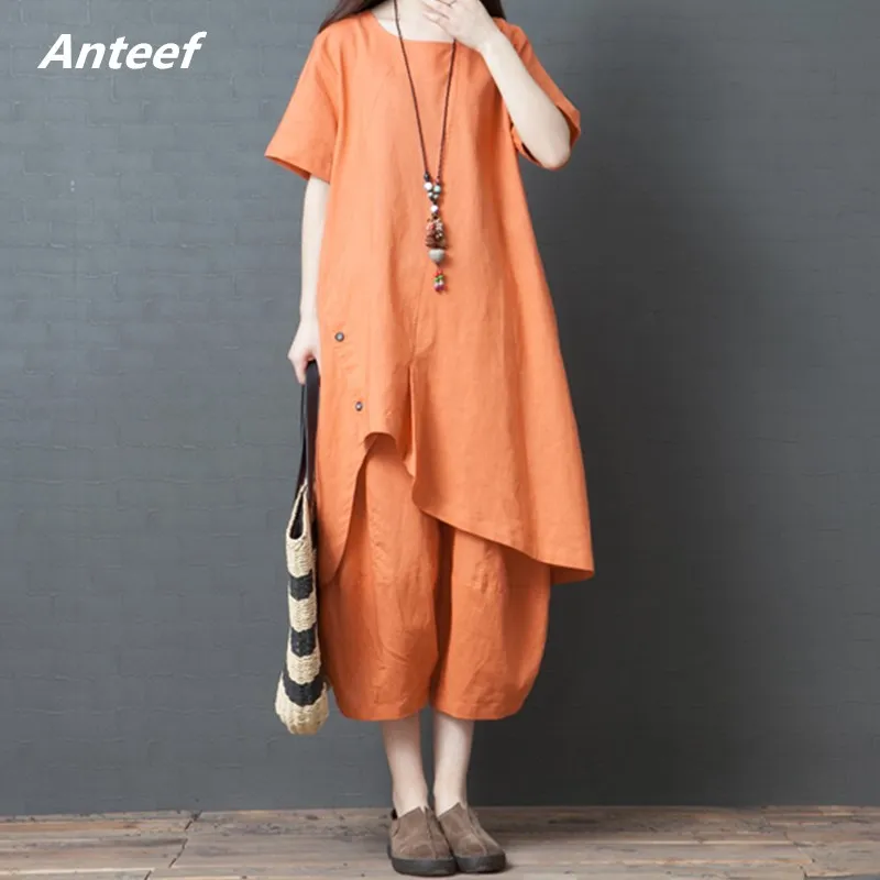 

linen vintage plus size 2 two piece set women casual loose midi summer dress elegant clothes 2019 ladies dresses wide leg pants