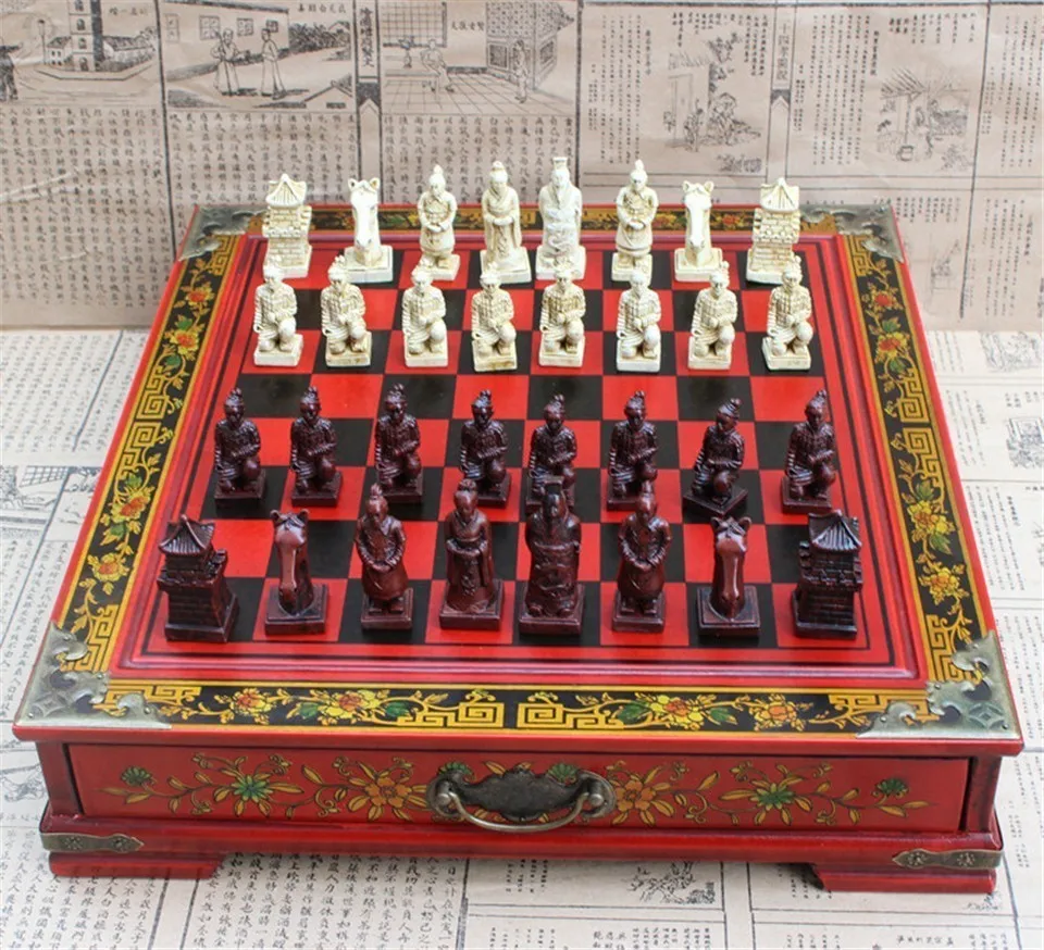 Hot Antique Chess Medium Desktop Stereo Chess Soldiers Resin Chess Pieces Wooden Board High Quality Gift Easytoday