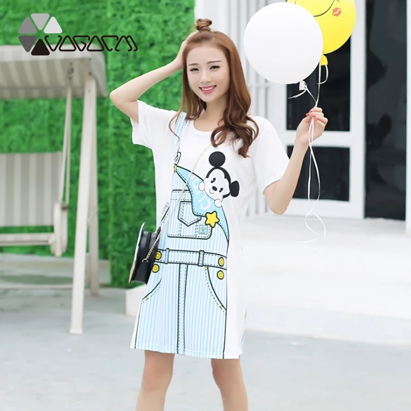 

2019 Summer Dress For Women Print Mickey Mouse Clothes White Plus Size Short Sleeve Cute Cartoon Casual Dress Streetwear Dresses