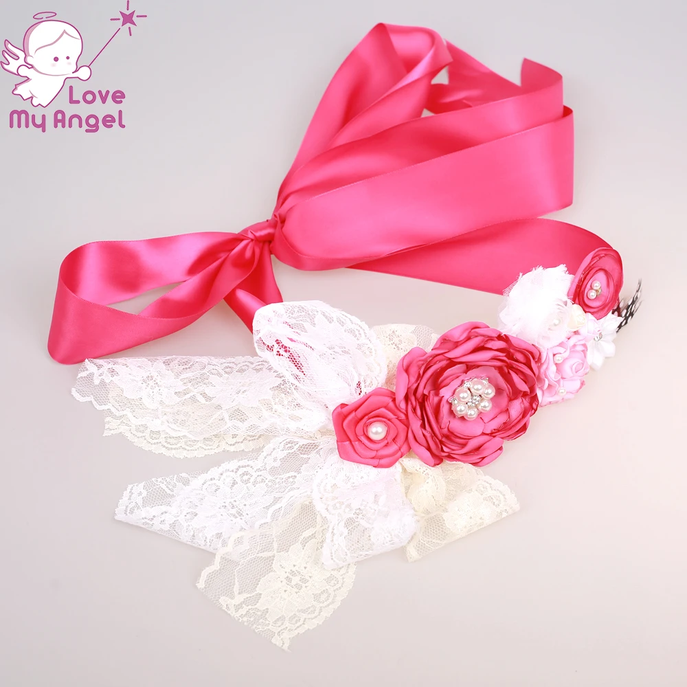 Fuchsia ivory white bridal sash flower girl sash floral satin belt