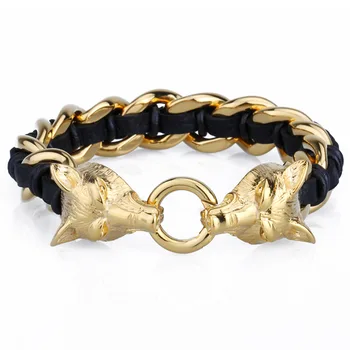 

22cm*16mm 98g New Arrive 316L Stainless Steel Gold Cool Wolf Black Leather Bracelets Bangles For Men Boy,Fashion Jewelry