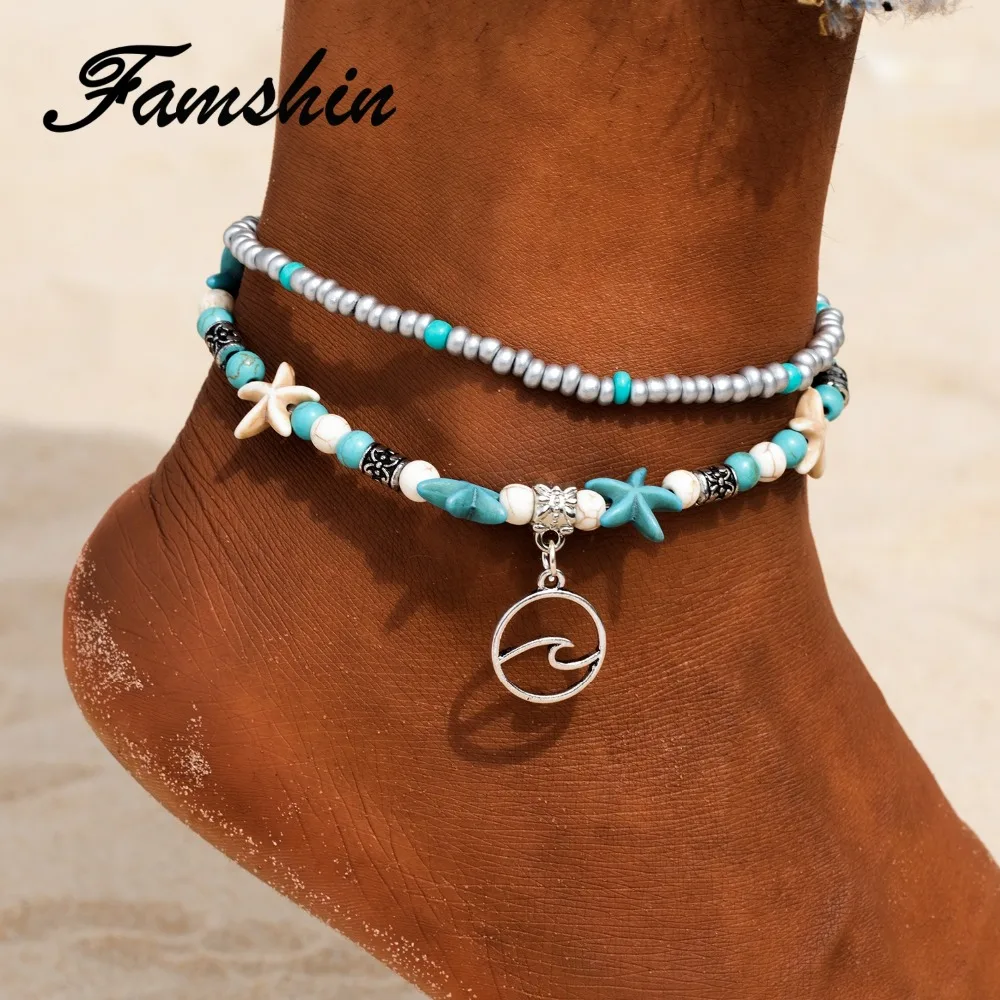 FAMSHIN Bohemian Wave Anklets For Women Vintage Multi Layer Bead Anklet Leg Bracelet Sandals