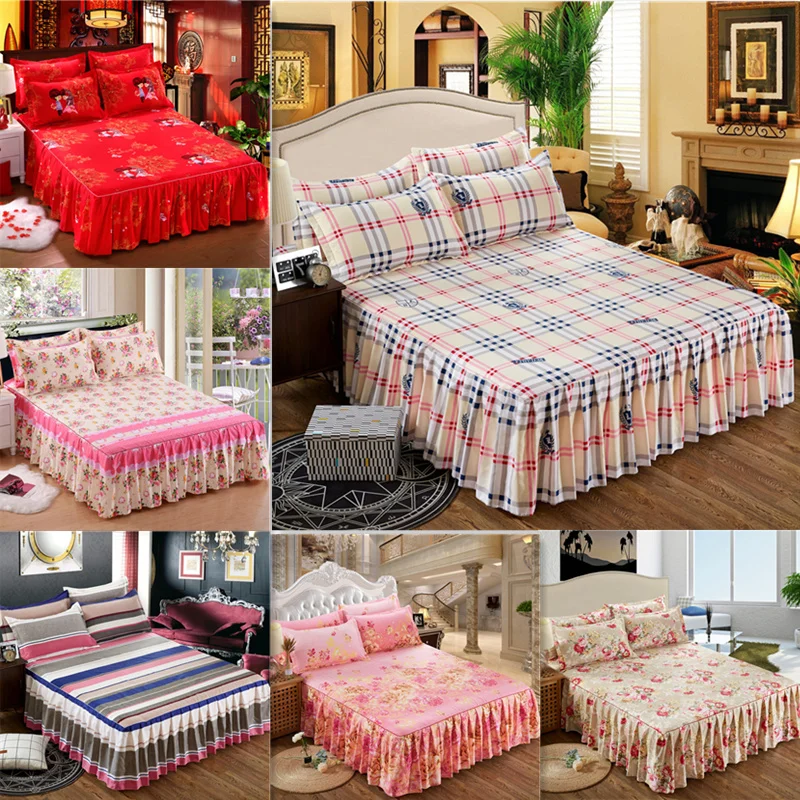 

New Printed Bed Skirt Non-slip Cover + Pillowcase 3pcs Bed Mattress Cover Sheet Home Bedding Set Linens Bedspread jogo de cama