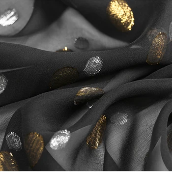 

107CM Wide 10MM Weight Silver Golden Dots Jacquard Thin Black Silk Georgette Fabric for Summer Dress Shirt DE1022
