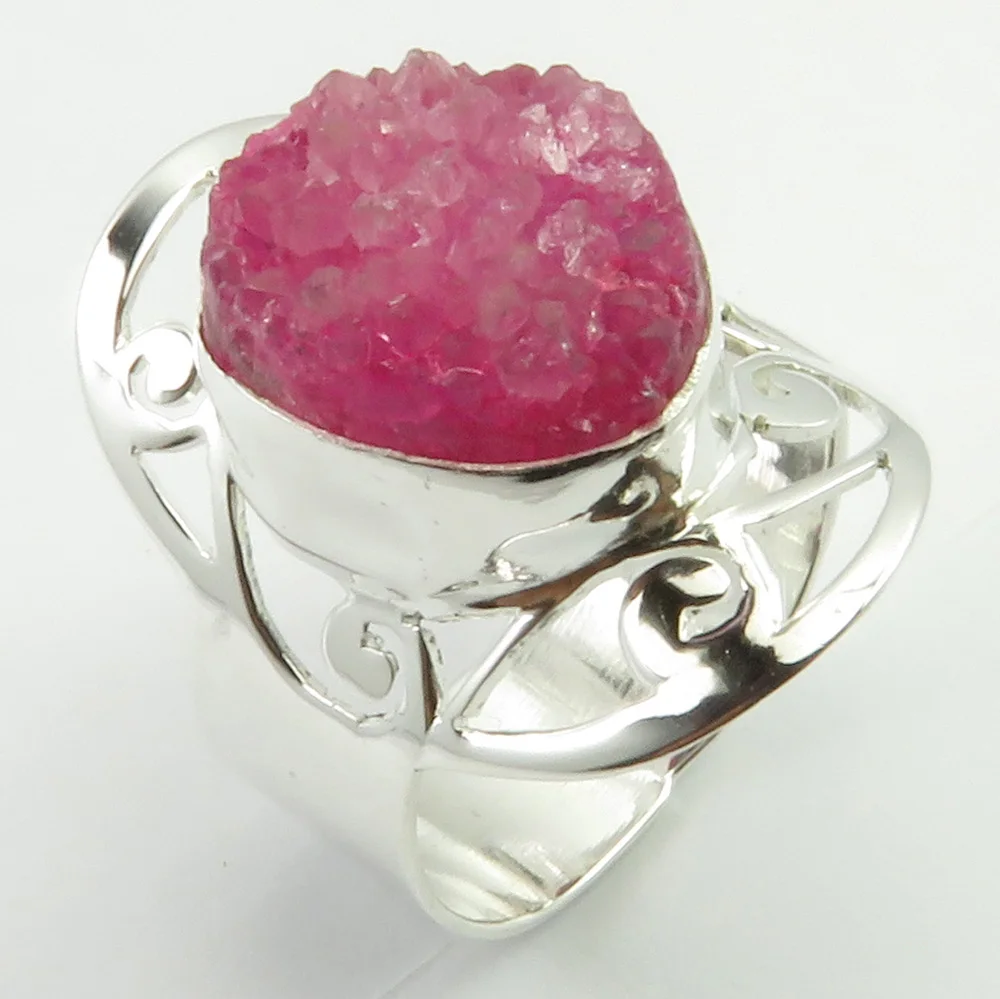 

Gem Stone Jewelry Pink Druzy Ring Size 6.75 Solid Silver Unique Designed