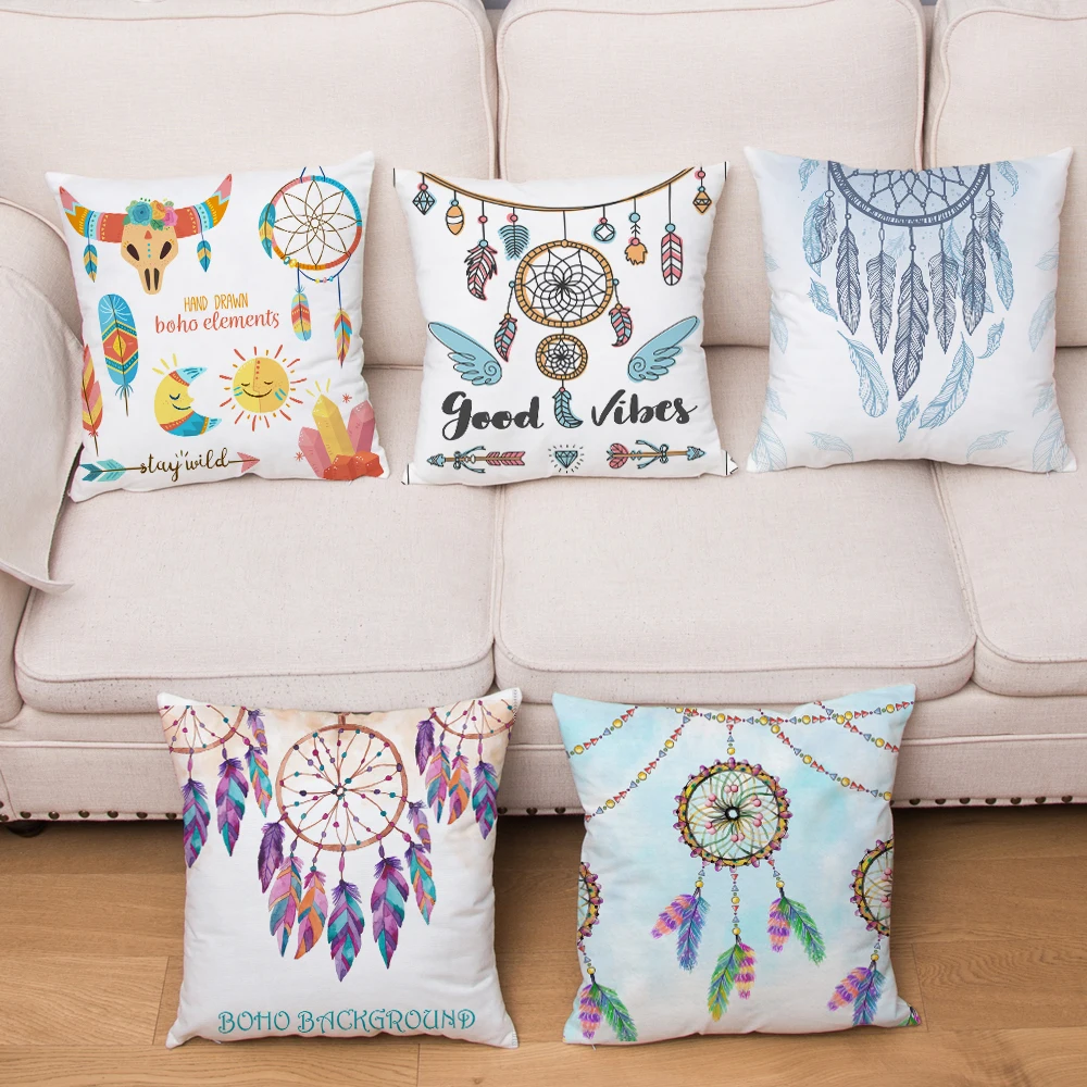 

Boho Style Decor Cushions Covers Super Soft Short Plush Pillowcase Bohemia Wind Chimes Feather Print Cushion Cover Pillows Case