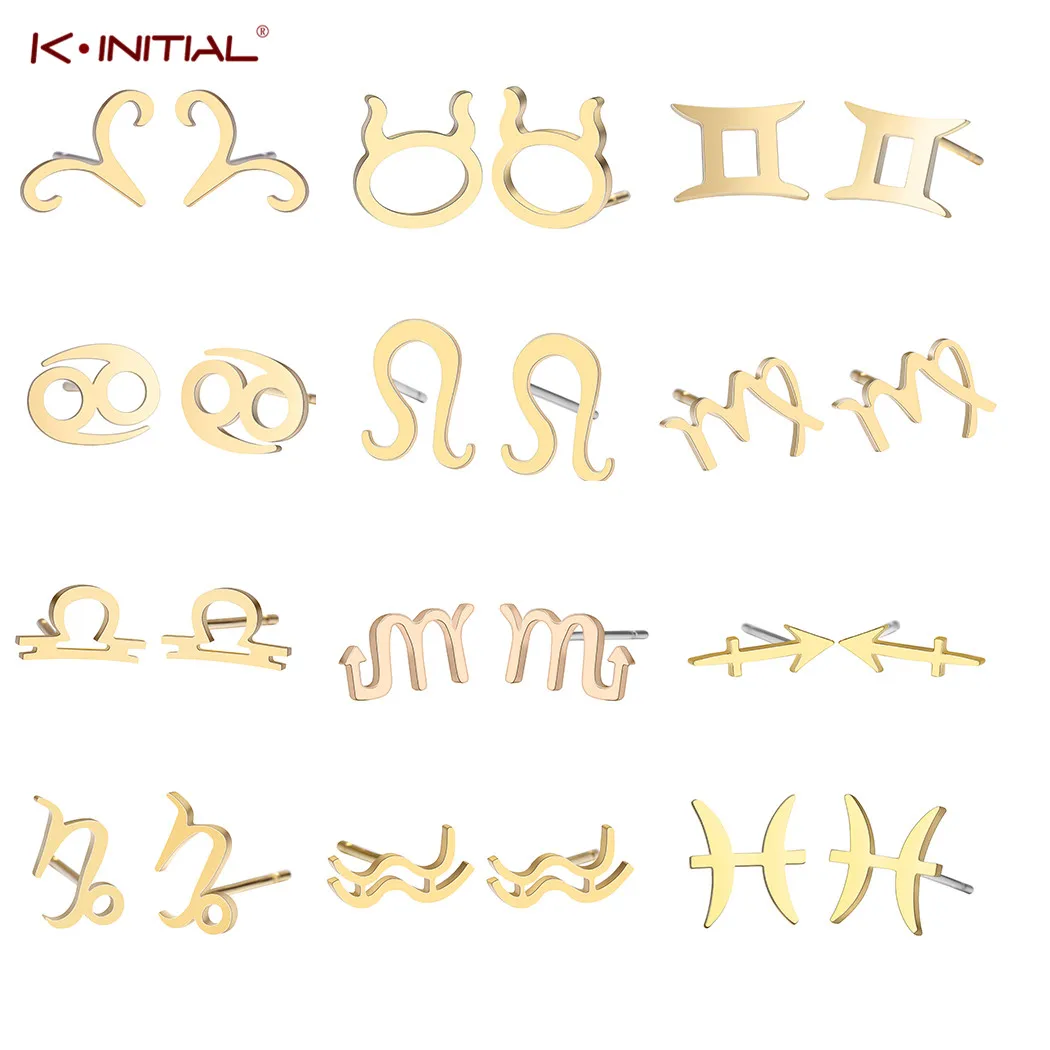 

Kinitial Fashion Chic Stainless Steel Zodiac Sign Earring 12 Constellations Stud Earrings for Woman Earrings Jewelry brincos