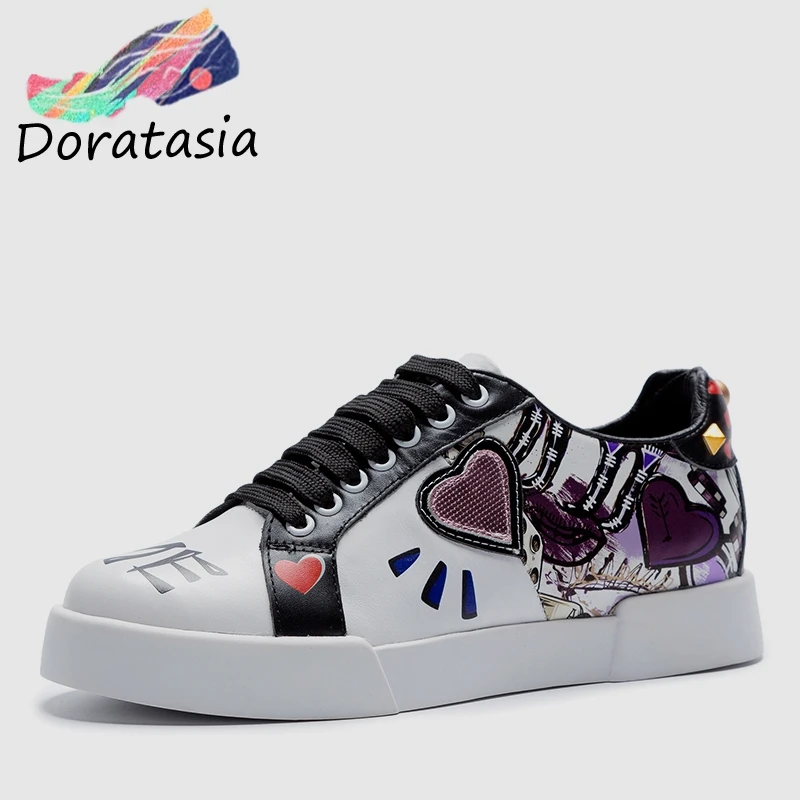 

DORATASIA 2019 New Spring Love Women Flat Platform Sneakers Girl Genuine Cow Leather Casual Brand Decorating Shoes Woman Flats