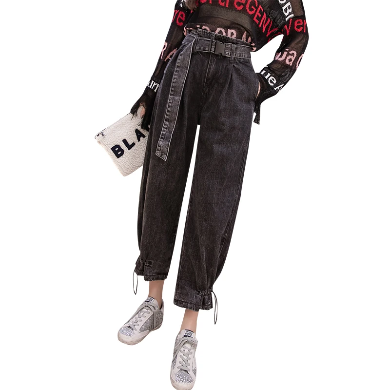 Cintura Mujer De Harem Mujeres Otoño 2018 Casual Streetwear Novio Las Pantalones Negro Elástico Mezclilla Alta Celebridad Vaqueros Abrigo nZpwRYHq1