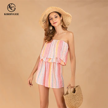 

KirbyGee Sexy Strapless Striped Print Romper Slash Neck Women Boho Beach Playsuit Blackless Tube Romper Pink Short Jumpsuits