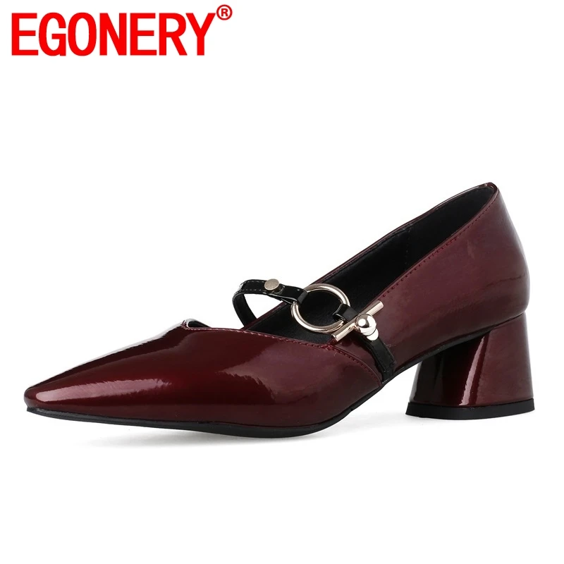 

EGONERY shoes women 2019 spring new fashion patent leather pointed toe women pumps outside metal decortion shallow ladies shoes