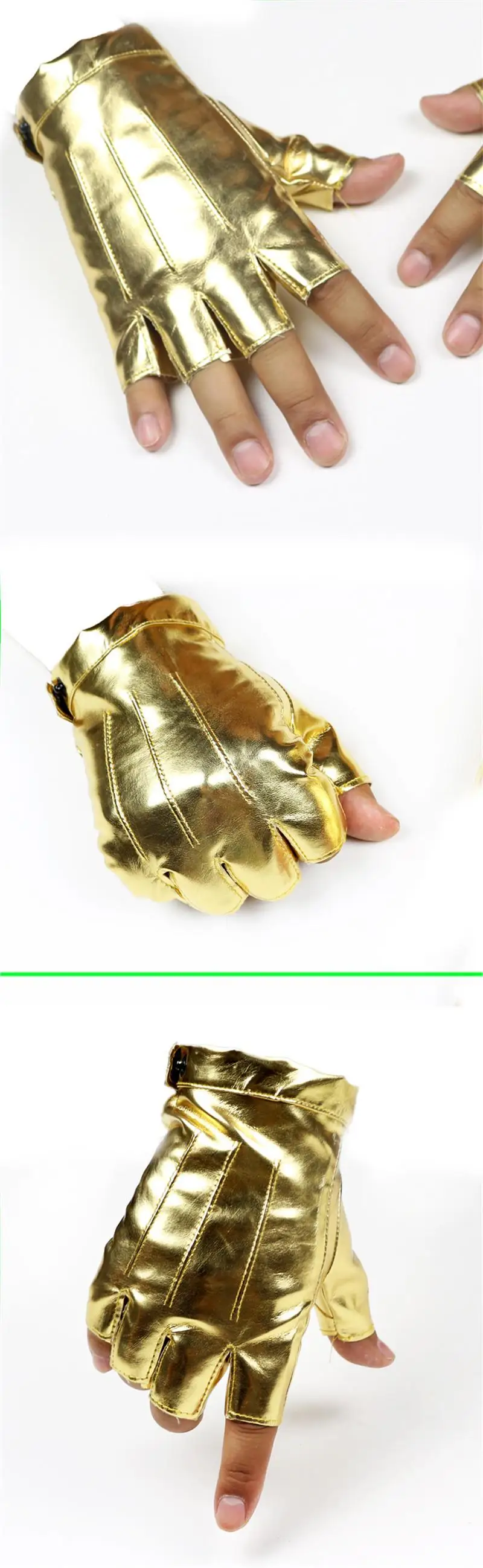 LongKeeper Mens Fingerless Leather Gloves Dancing Party Show Glove for Men Autumn Mittens Black Gold Silver Luvas SXJ139