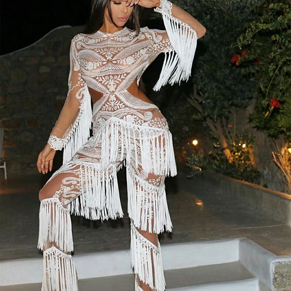 

2017 New Arrival Summer Jumpsuit Women Celebrity Party Long Sleeve Tassel White Floral Embroidery Sexy Runway Night Out Bodysuit