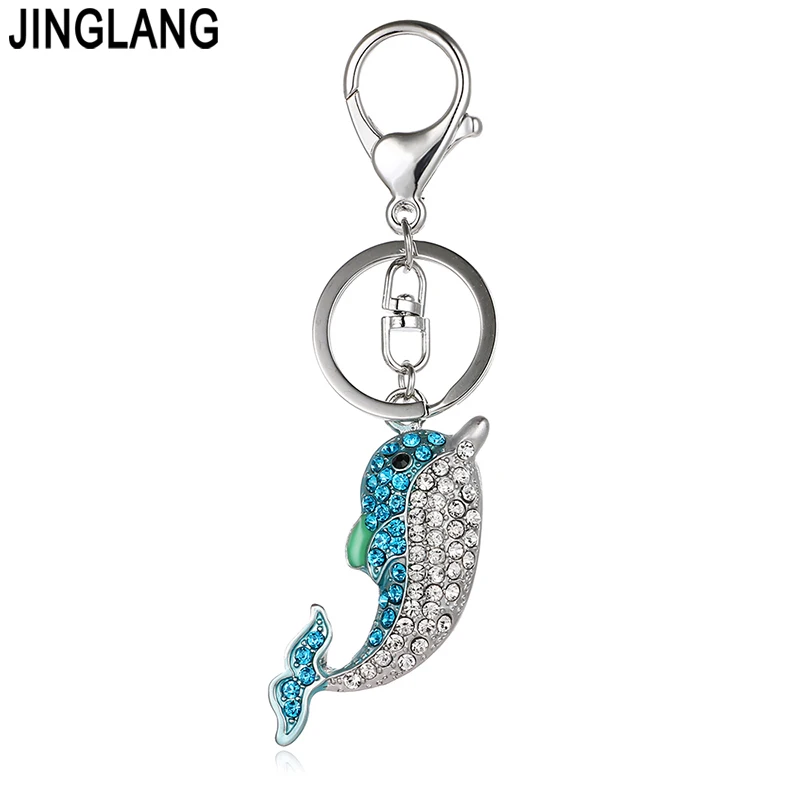 

JINGLANG Silver Color Metal Keyring Dangle Lake Blue Crystal 3D Dolphin Animal Charms Keychains For Women Luxury Bag Jewelry