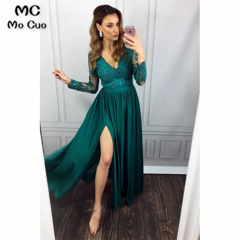 Evening-Dresses-Long-V-Neck-Lace-Long-Sleeves-Satin-Elegant-Formal-Party-Gowns-Sexy-Side-Split