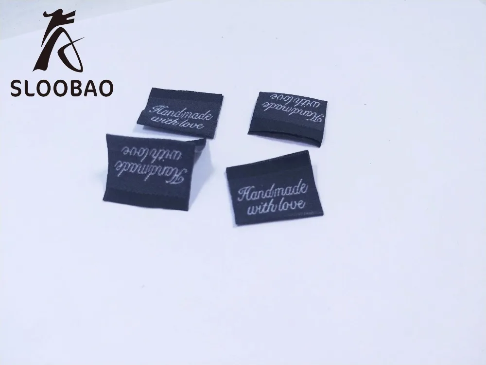 Free shipping woven label tags handmade cloth labels 2*5 cm center folded black labels 100pcs ...