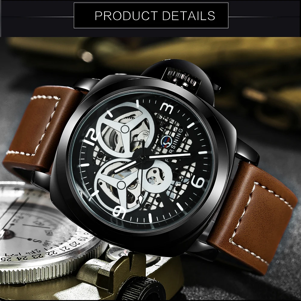 FORSINING Модные мужские автоматические механические часы коричневый кожаный ремешок Скелет циферблат 3D Индекс дизайн Топ бренд класса люкс наручные часы