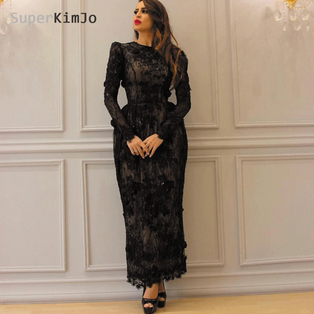 

SuperKimJo Robe De Soiree Black Lace Mermaid Evening Dresses 2019 3D Flowers Arabic Style Long Evening Gown Formal Dresses