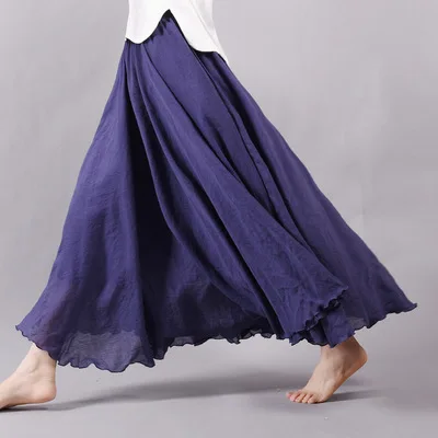 OLGITUM женские льняные хлопковые длинные юбки в народном стиле, плиссированные юбки макси с эластичной резинкой на талии, пляжные летние большие свободные юбки Faldas - Цвет: dark blue