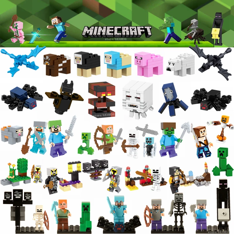 

LEGOing Minecraft Figures Toy Alex Steve Ghast Dragon Zombie Bear Animals LEGOings Minecrafted Building Blocks Toys For Children