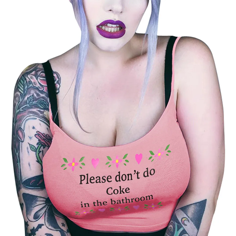 Pink Crop Top Women Fashion Casual Tank Tops Please Dont do Coke In The Bathroom Letter Print Vest Halter Blouse Camisole | Женская