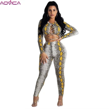 

2019 Women Winter Crop Top Lace Up Sportswear Snake Skin Print Full Sleeve High Waist Pencil Pants 2pcs Sets Suit Tracksuits