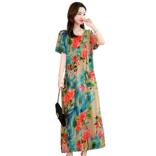 Summer fashion new women's cotton linen printed floral dress women's long dress round neck short-sleeved dress plus size S-6XL Summer fashion new women's cotton linen printed floral dress women's long dress round neck short-sleeved dress plus size S-6XL