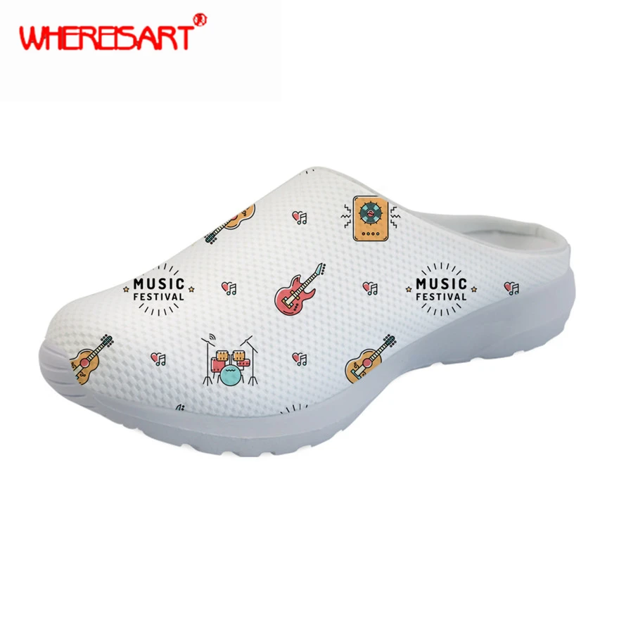 

WHEREISART Music Note Printing Women Sandals Comfortable Slip-on Slippers for Ladies Breathable Mesh Beach Flat Shoes White cute