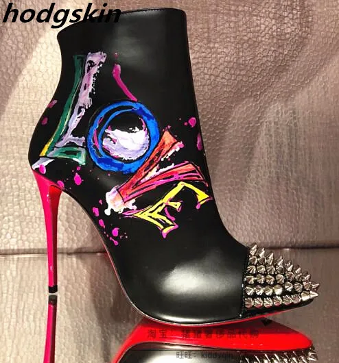 

2019 Black Print Leather Colorful Letter Women Ankle Boots Thin High Heels Side Zipper Rivets Studs Zapatos De Mujer Shoes Woman